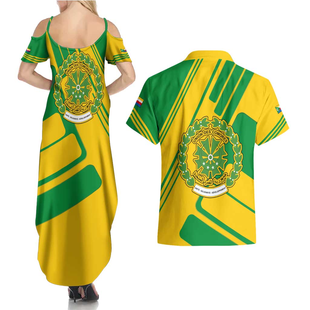 Comoros Flag Couples Matching Summer Maxi Dress and Hawaiian Shirt with Green and Yellow Design and National Emblem