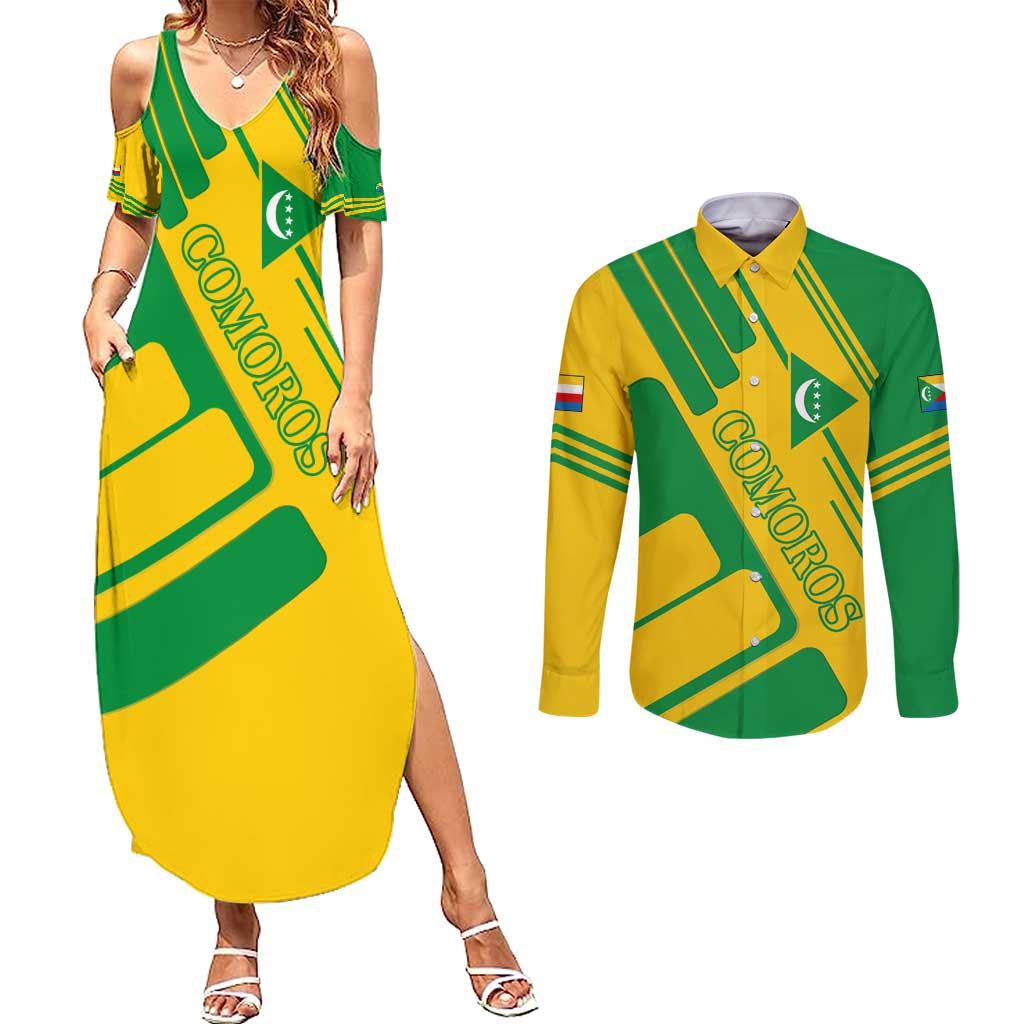 Comoros Flag Couples Matching Summer Maxi Dress and Long Sleeve Button Shirt with Green and Yellow Design and National Emblem