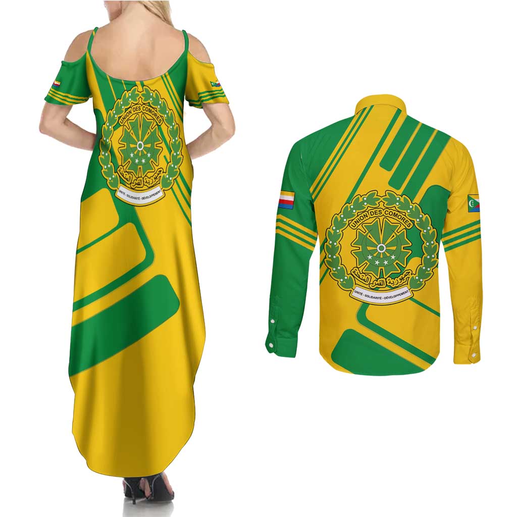 Comoros Flag Couples Matching Summer Maxi Dress and Long Sleeve Button Shirt with Green and Yellow Design and National Emblem