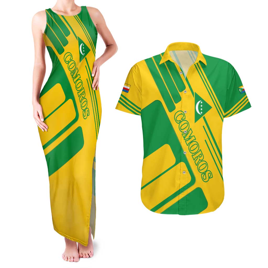 Comoros Flag Couples Matching Tank Maxi Dress and Hawaiian Shirt with Green and Yellow Design and National Emblem