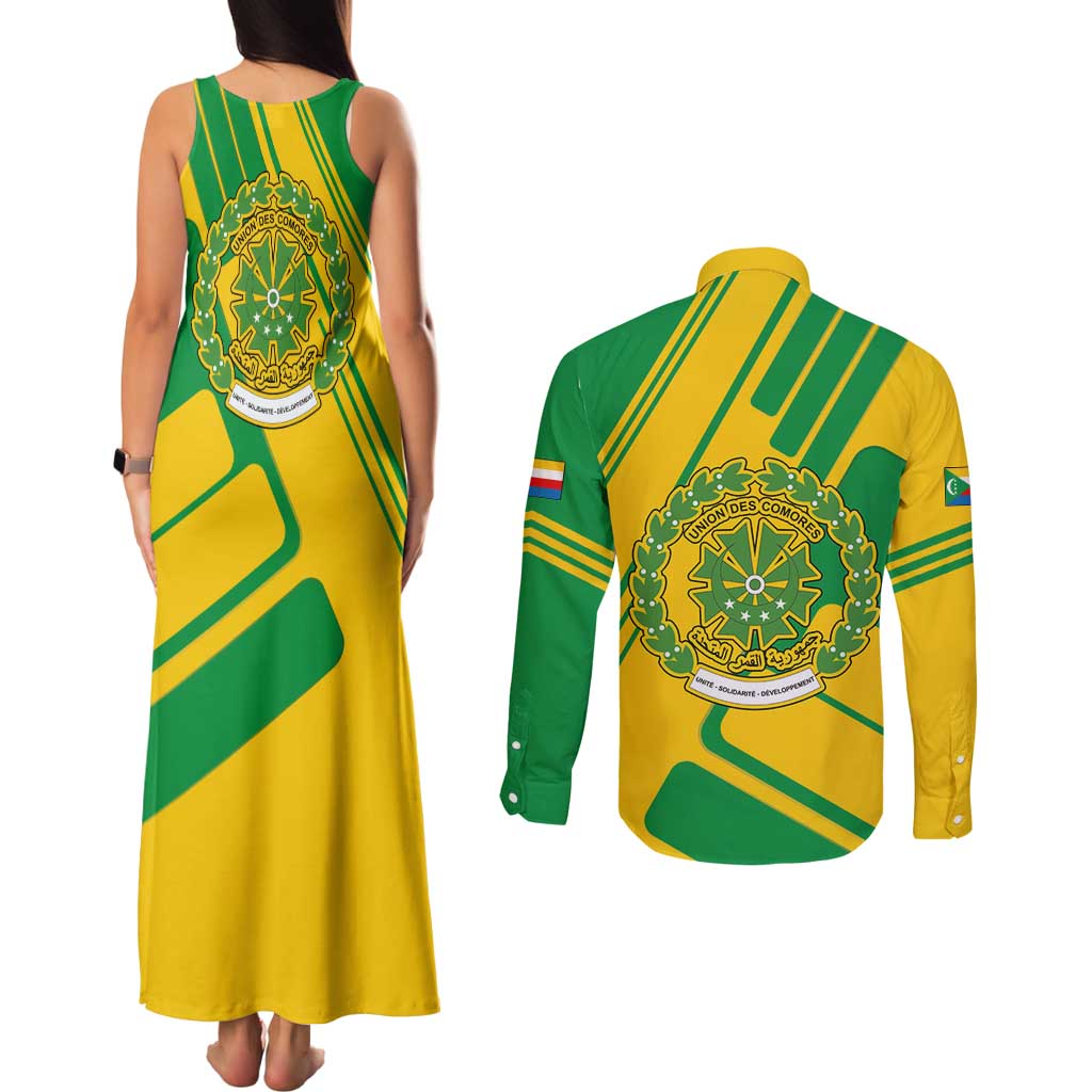 Comoros Flag Couples Matching Tank Maxi Dress and Long Sleeve Button Shirt with Green and Yellow Design and National Emblem