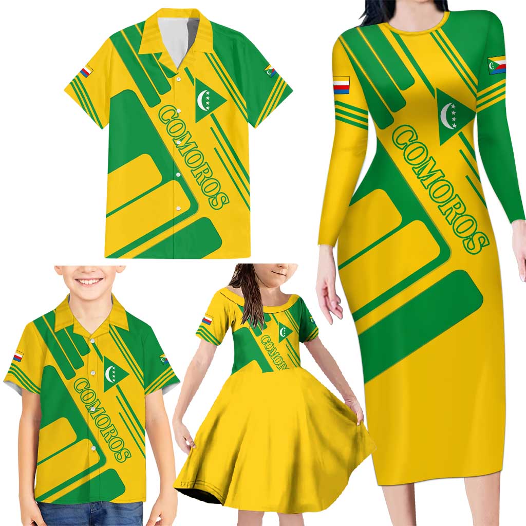 Comoros Flag Family Matching Long Sleeve Bodycon Dress and Hawaiian Shirt with Green and Yellow Design and National Emblem
