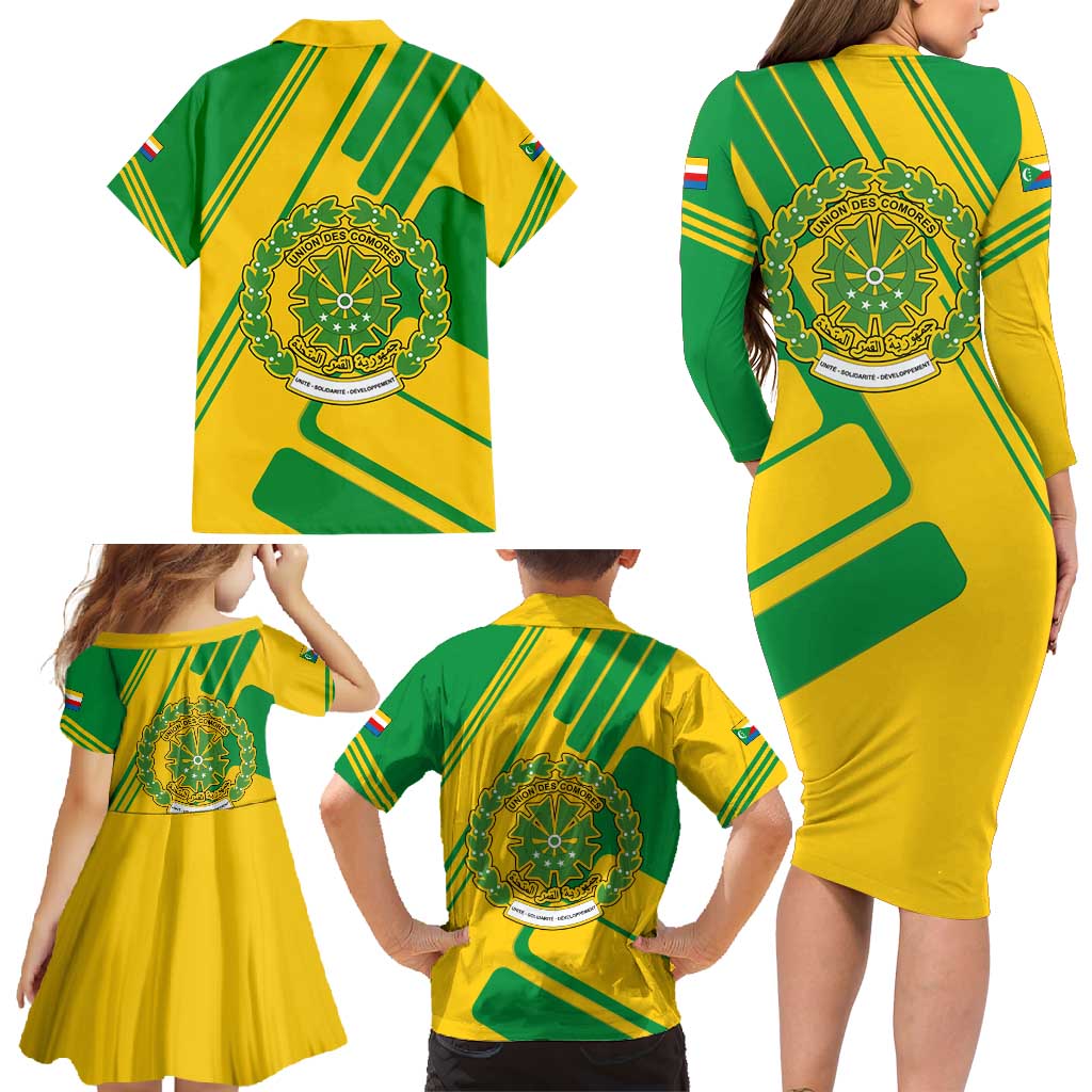 Comoros Flag Family Matching Long Sleeve Bodycon Dress and Hawaiian Shirt with Green and Yellow Design and National Emblem