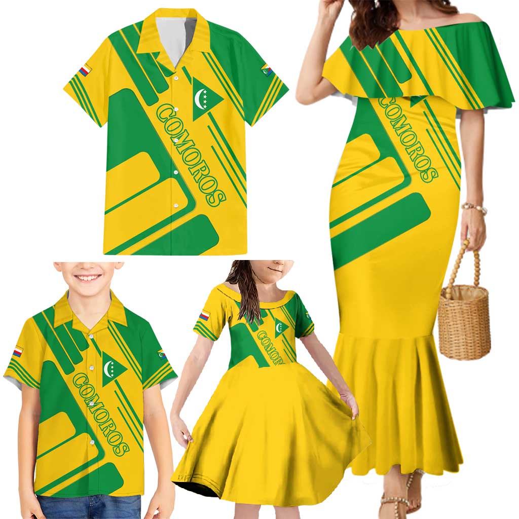 Comoros Flag Family Matching Mermaid Dress and Hawaiian Shirt with Green and Yellow Design and National Emblem