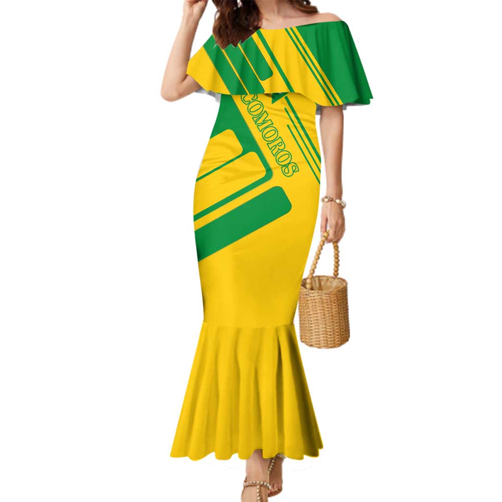 Comoros Flag Family Matching Mermaid Dress and Hawaiian Shirt with Green and Yellow Design and National Emblem