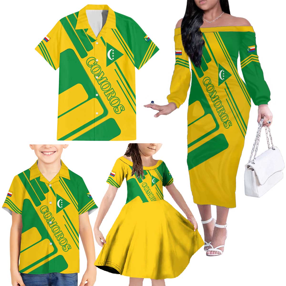 Comoros Flag Family Matching Off The Shoulder Long Sleeve Dress and Hawaiian Shirt with Green and Yellow Design and National Emblem