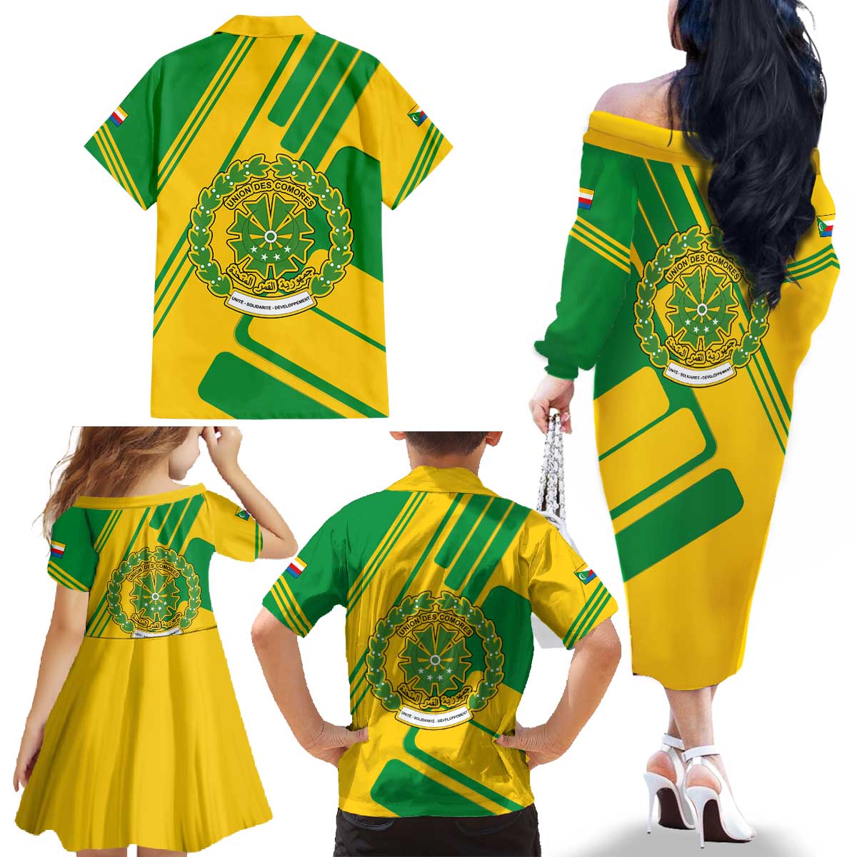 Comoros Flag Family Matching Off The Shoulder Long Sleeve Dress and Hawaiian Shirt with Green and Yellow Design and National Emblem