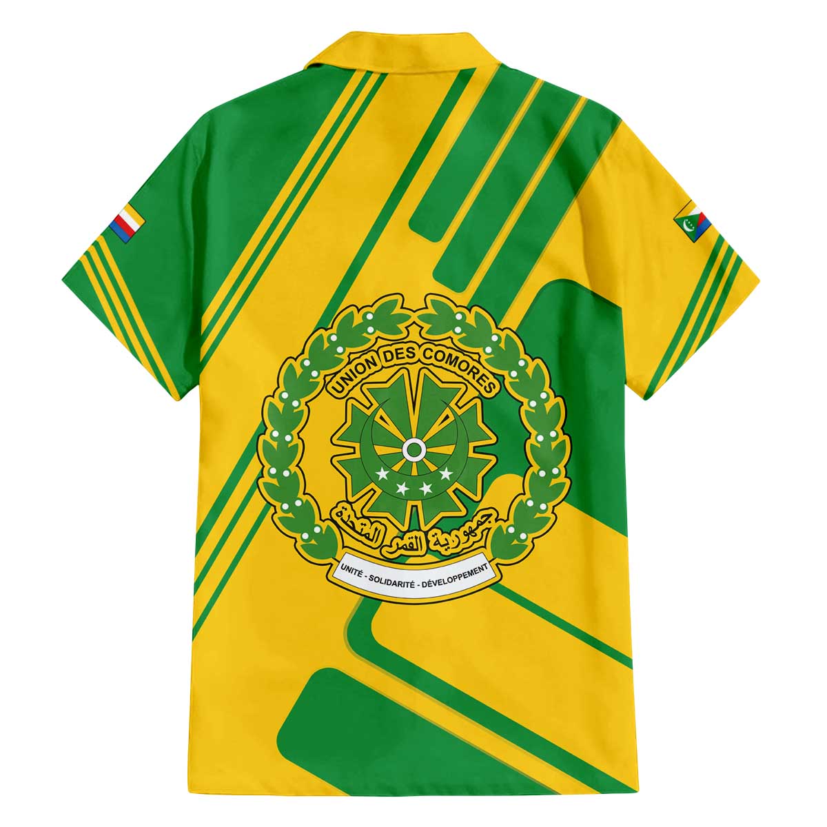 Comoros Flag Family Matching Off The Shoulder Long Sleeve Dress and Hawaiian Shirt with Green and Yellow Design and National Emblem