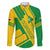 Comoros Flag Family Matching Off The Shoulder Long Sleeve Dress and Hawaiian Shirt with Green and Yellow Design and National Emblem