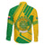 Comoros Flag Family Matching Off The Shoulder Long Sleeve Dress and Hawaiian Shirt with Green and Yellow Design and National Emblem