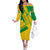 Comoros Flag Family Matching Off The Shoulder Long Sleeve Dress and Hawaiian Shirt with Green and Yellow Design and National Emblem