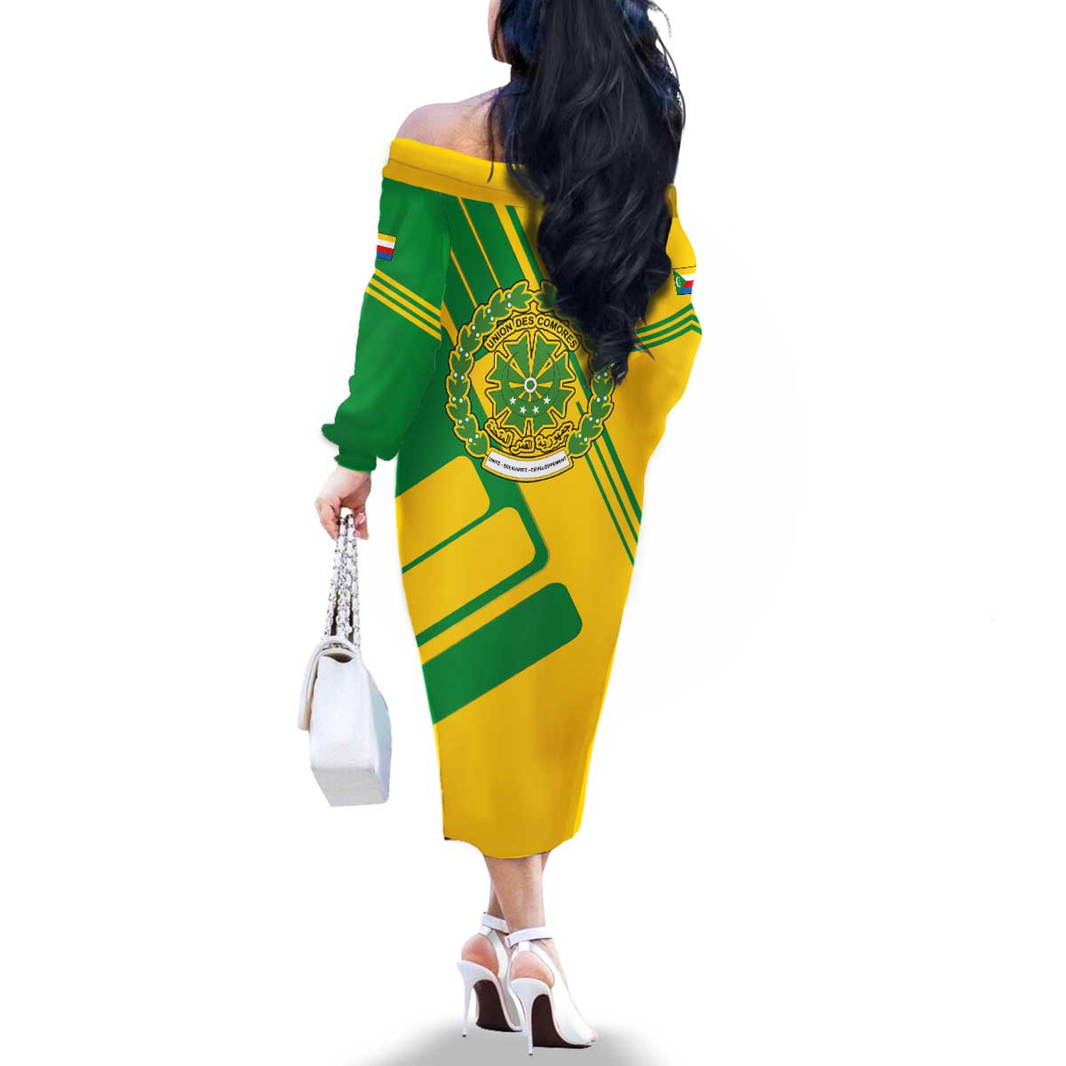 Comoros Flag Family Matching Off The Shoulder Long Sleeve Dress and Hawaiian Shirt with Green and Yellow Design and National Emblem
