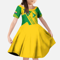 Comoros Flag Family Matching Off Shoulder Maxi Dress and Hawaiian Shirt with Green and Yellow Design and National Emblem