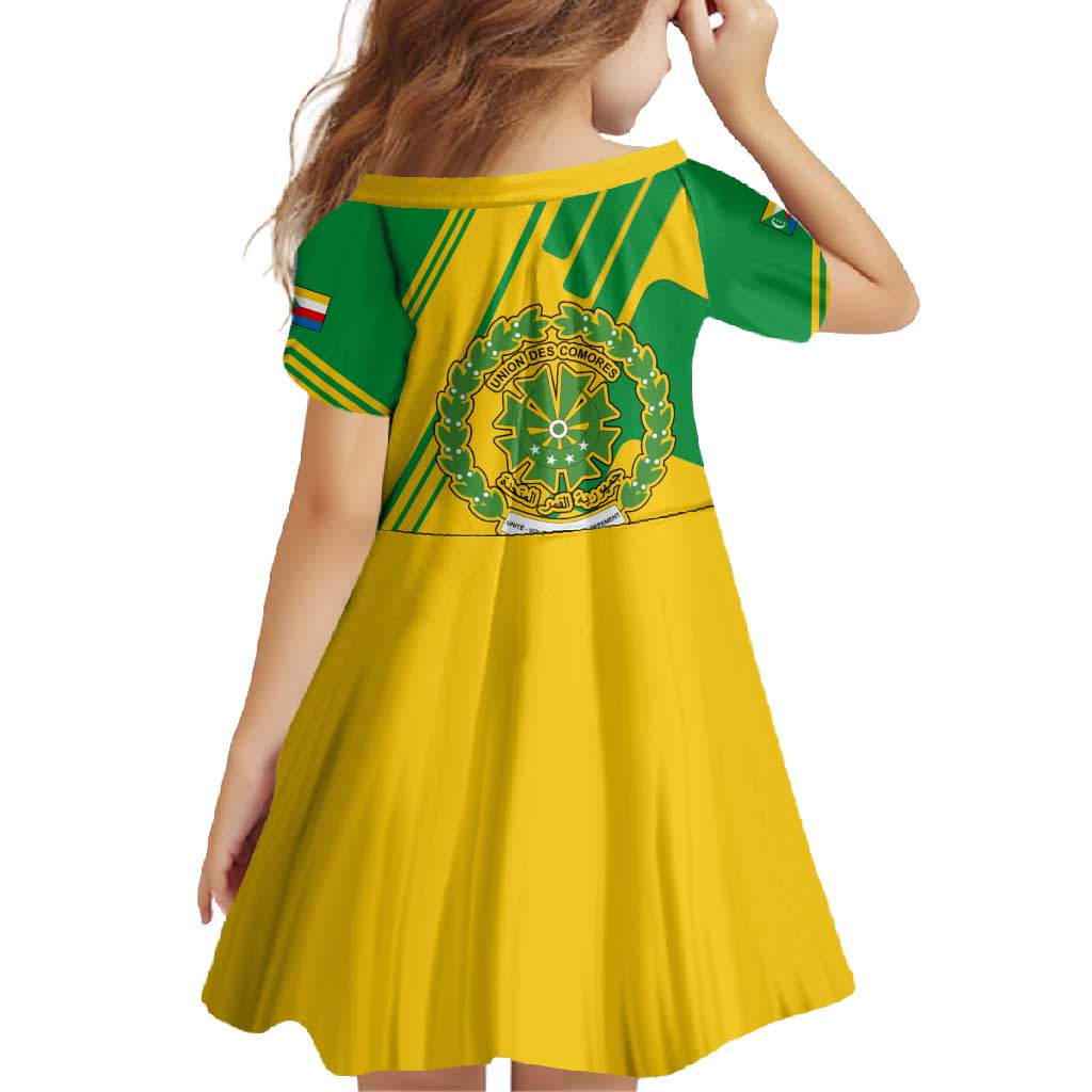 Comoros Flag Family Matching Off Shoulder Maxi Dress and Hawaiian Shirt with Green and Yellow Design and National Emblem