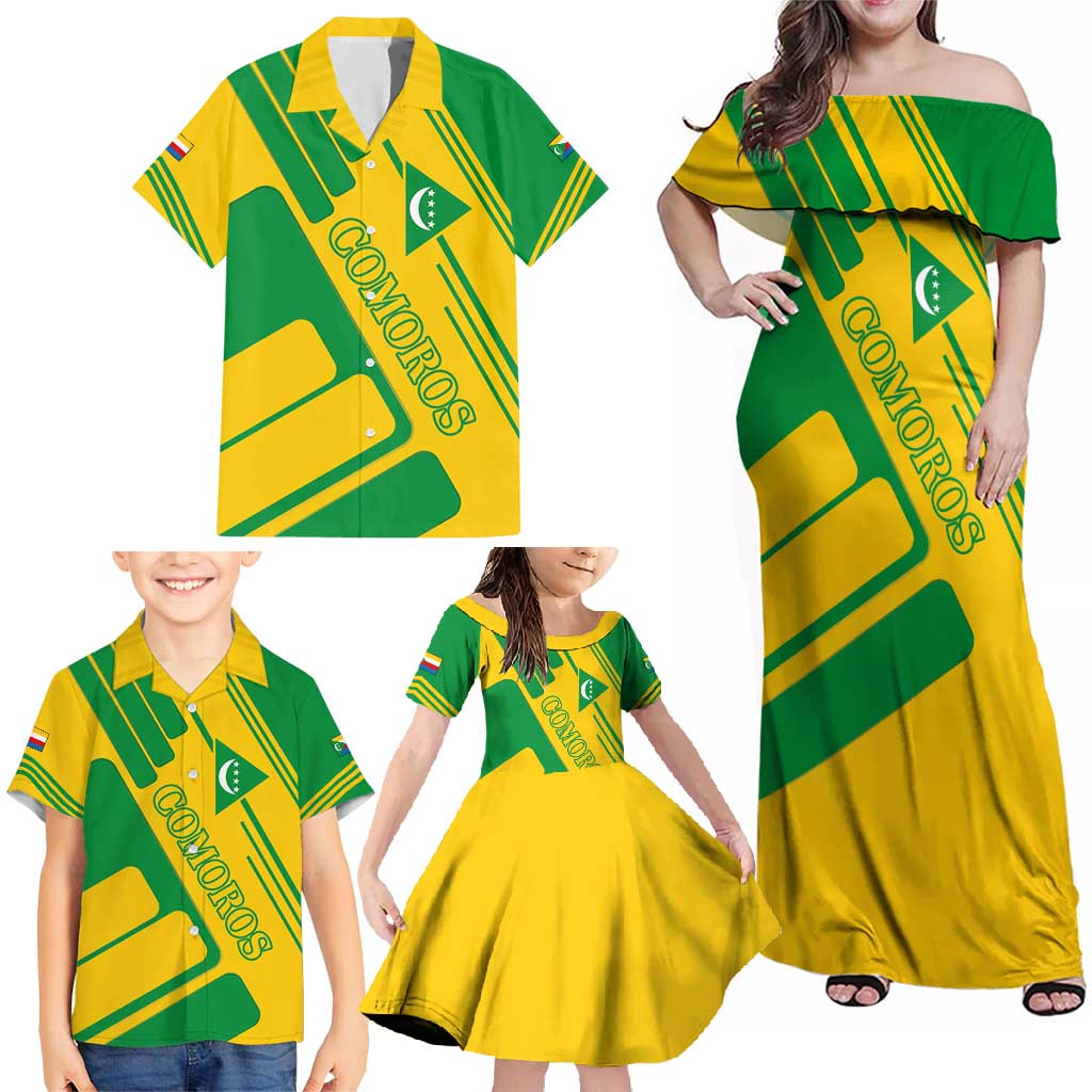 Comoros Flag Family Matching Off Shoulder Maxi Dress and Hawaiian Shirt with Green and Yellow Design and National Emblem