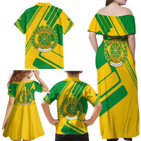 Comoros Flag Family Matching Off Shoulder Maxi Dress and Hawaiian Shirt with Green and Yellow Design and National Emblem