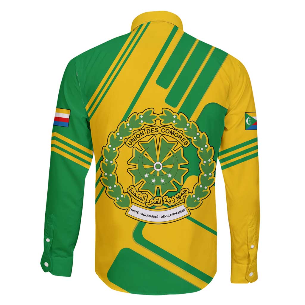 Comoros Flag Family Matching Off Shoulder Maxi Dress and Hawaiian Shirt with Green and Yellow Design and National Emblem