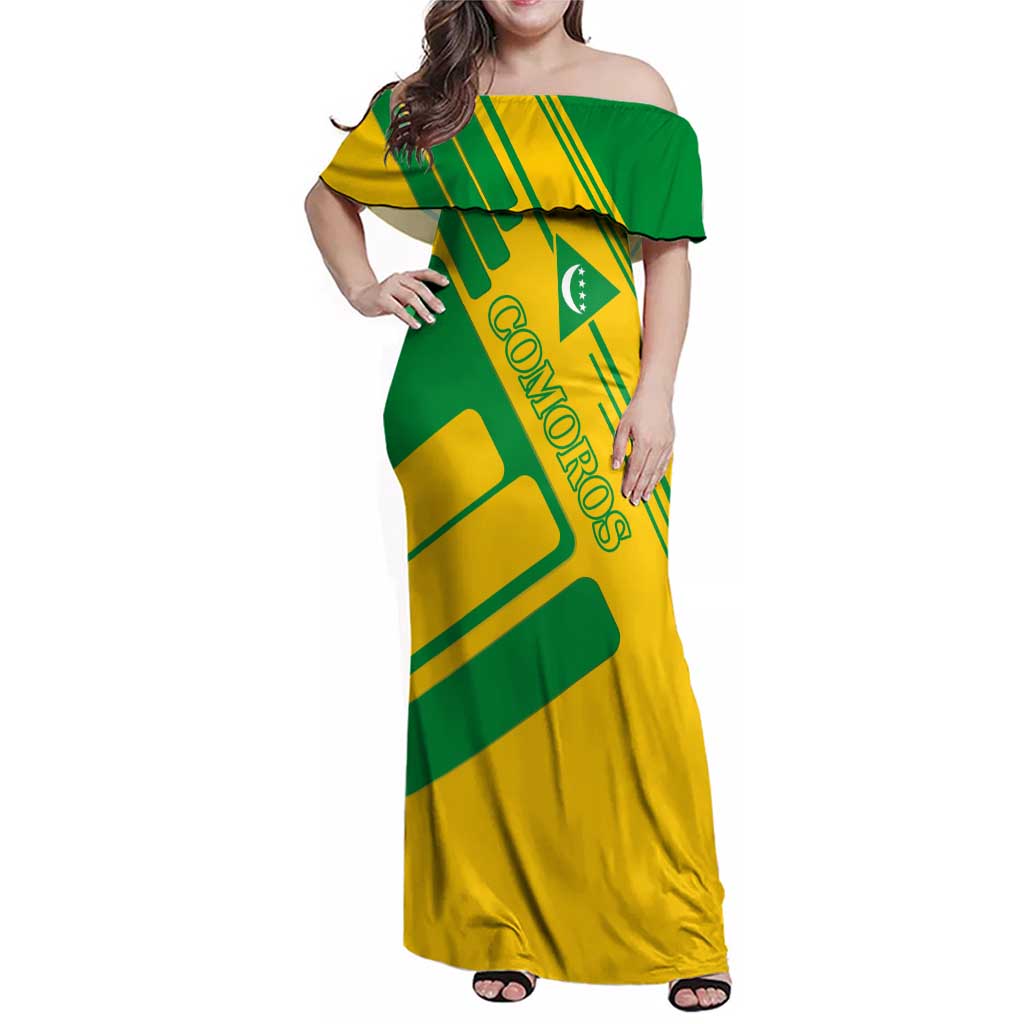 Comoros Flag Family Matching Off Shoulder Maxi Dress and Hawaiian Shirt with Green and Yellow Design and National Emblem