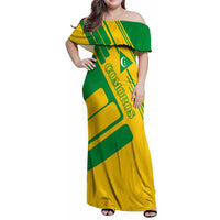 Comoros Flag Family Matching Off Shoulder Maxi Dress and Hawaiian Shirt with Green and Yellow Design and National Emblem
