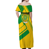 Comoros Flag Family Matching Off Shoulder Maxi Dress and Hawaiian Shirt with Green and Yellow Design and National Emblem