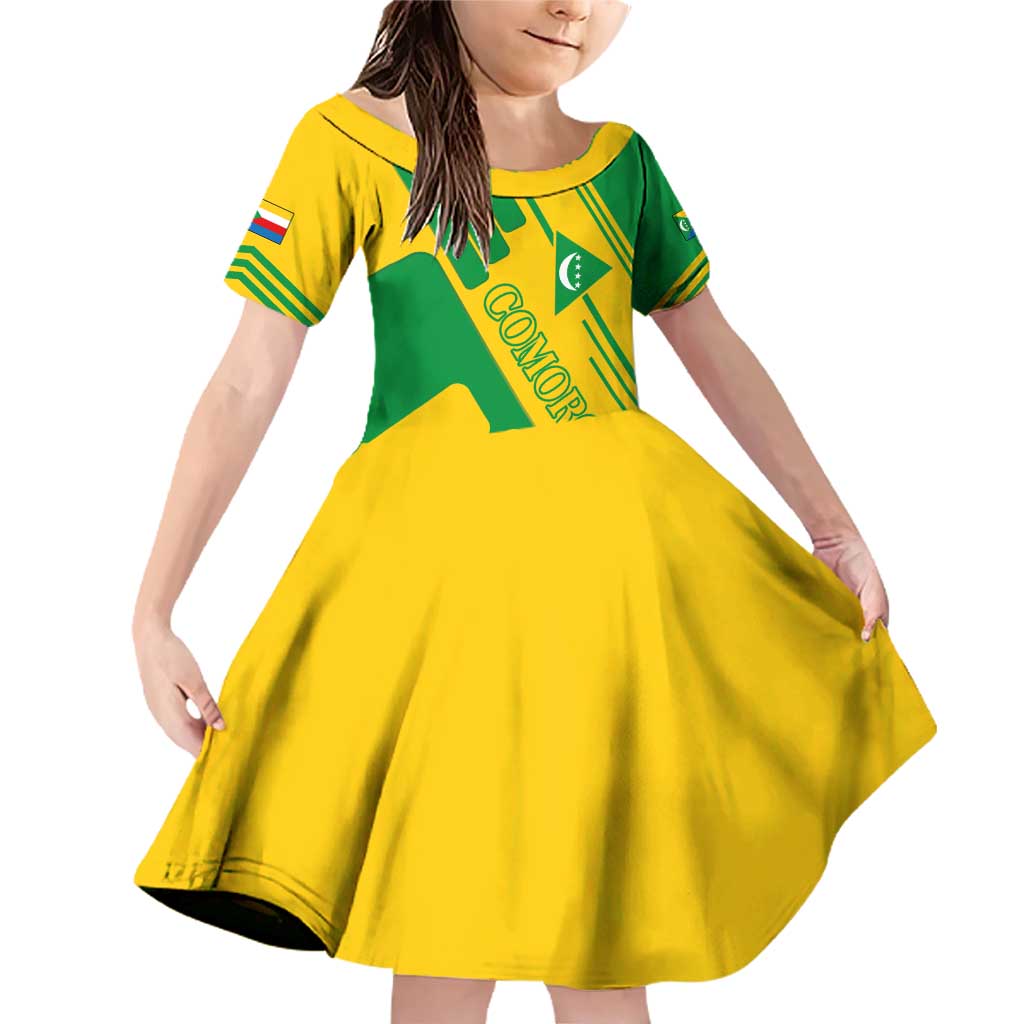 Comoros Flag Family Matching Off Shoulder Short Dress and Hawaiian Shirt with Green and Yellow Design and National Emblem