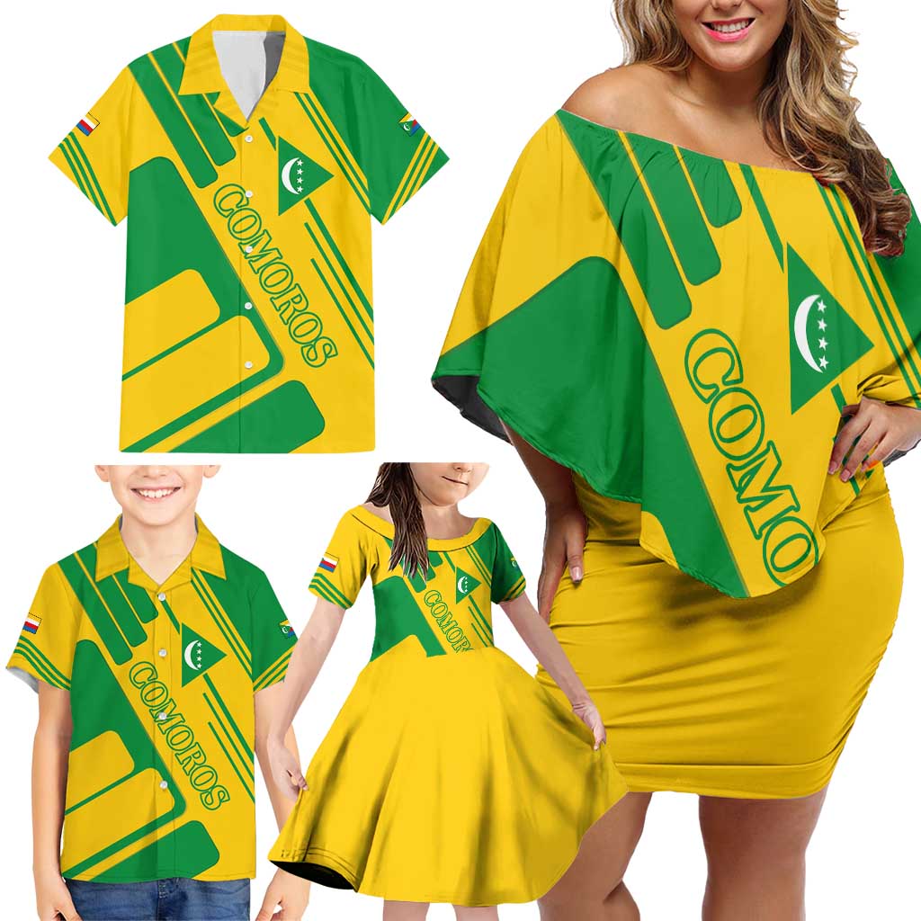 Comoros Flag Family Matching Off Shoulder Short Dress and Hawaiian Shirt with Green and Yellow Design and National Emblem