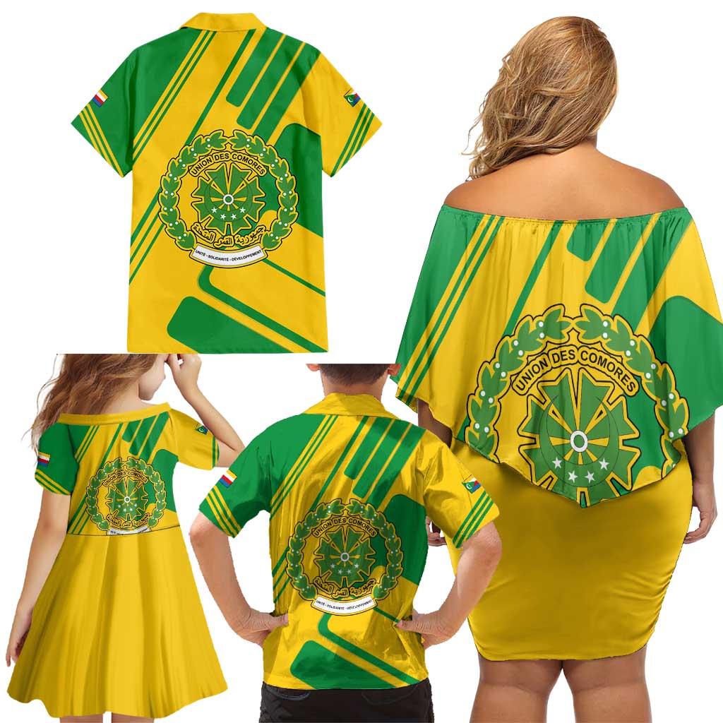 Comoros Flag Family Matching Off Shoulder Short Dress and Hawaiian Shirt with Green and Yellow Design and National Emblem