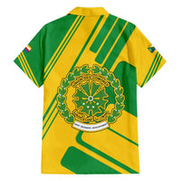 Comoros Flag Family Matching Off Shoulder Short Dress and Hawaiian Shirt with Green and Yellow Design and National Emblem