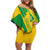 Comoros Flag Family Matching Off Shoulder Short Dress and Hawaiian Shirt with Green and Yellow Design and National Emblem