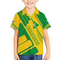 Comoros Flag Family Matching Off Shoulder Short Dress and Hawaiian Shirt with Green and Yellow Design and National Emblem