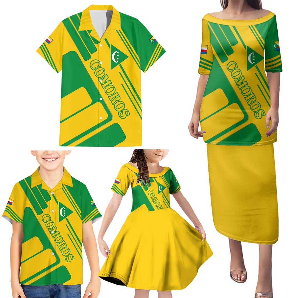 Comoros Flag Family Matching Puletasi and Hawaiian Shirt with Green and Yellow Design and National Emblem