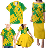 Comoros Flag Family Matching Puletasi and Hawaiian Shirt with Green and Yellow Design and National Emblem