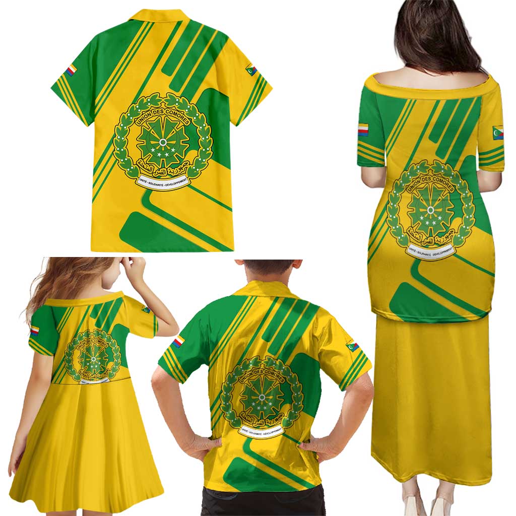 Comoros Flag Family Matching Puletasi and Hawaiian Shirt with Green and Yellow Design and National Emblem
