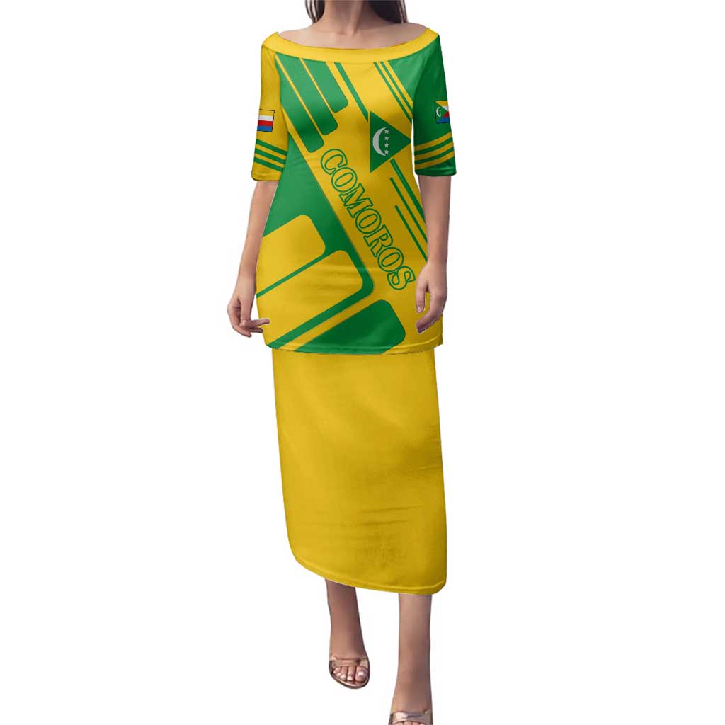 Comoros Flag Family Matching Puletasi and Hawaiian Shirt with Green and Yellow Design and National Emblem