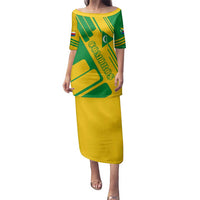 Comoros Flag Family Matching Puletasi and Hawaiian Shirt with Green and Yellow Design and National Emblem