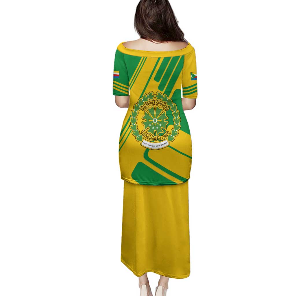 Comoros Flag Family Matching Puletasi and Hawaiian Shirt with Green and Yellow Design and National Emblem