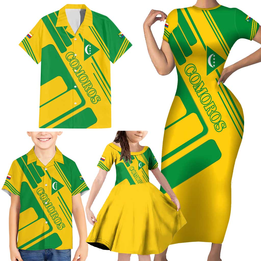Comoros Flag Family Matching Short Sleeve Bodycon Dress and Hawaiian Shirt with Green and Yellow Design and National Emblem