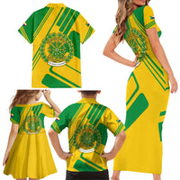 Comoros Flag Family Matching Short Sleeve Bodycon Dress and Hawaiian Shirt with Green and Yellow Design and National Emblem