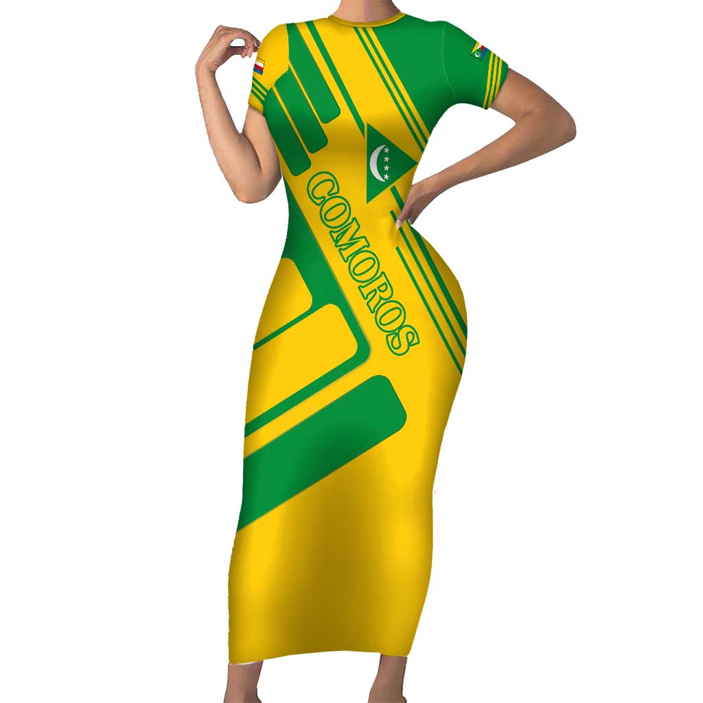 Comoros Flag Family Matching Short Sleeve Bodycon Dress and Hawaiian Shirt with Green and Yellow Design and National Emblem