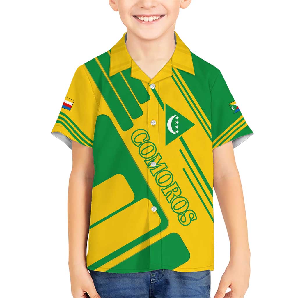 Comoros Flag Family Matching Short Sleeve Bodycon Dress and Hawaiian Shirt with Green and Yellow Design and National Emblem