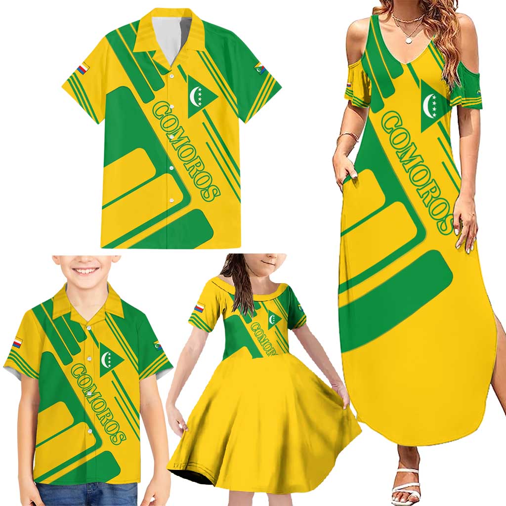 Comoros Flag Family Matching Summer Maxi Dress and Hawaiian Shirt with Green and Yellow Design and National Emblem