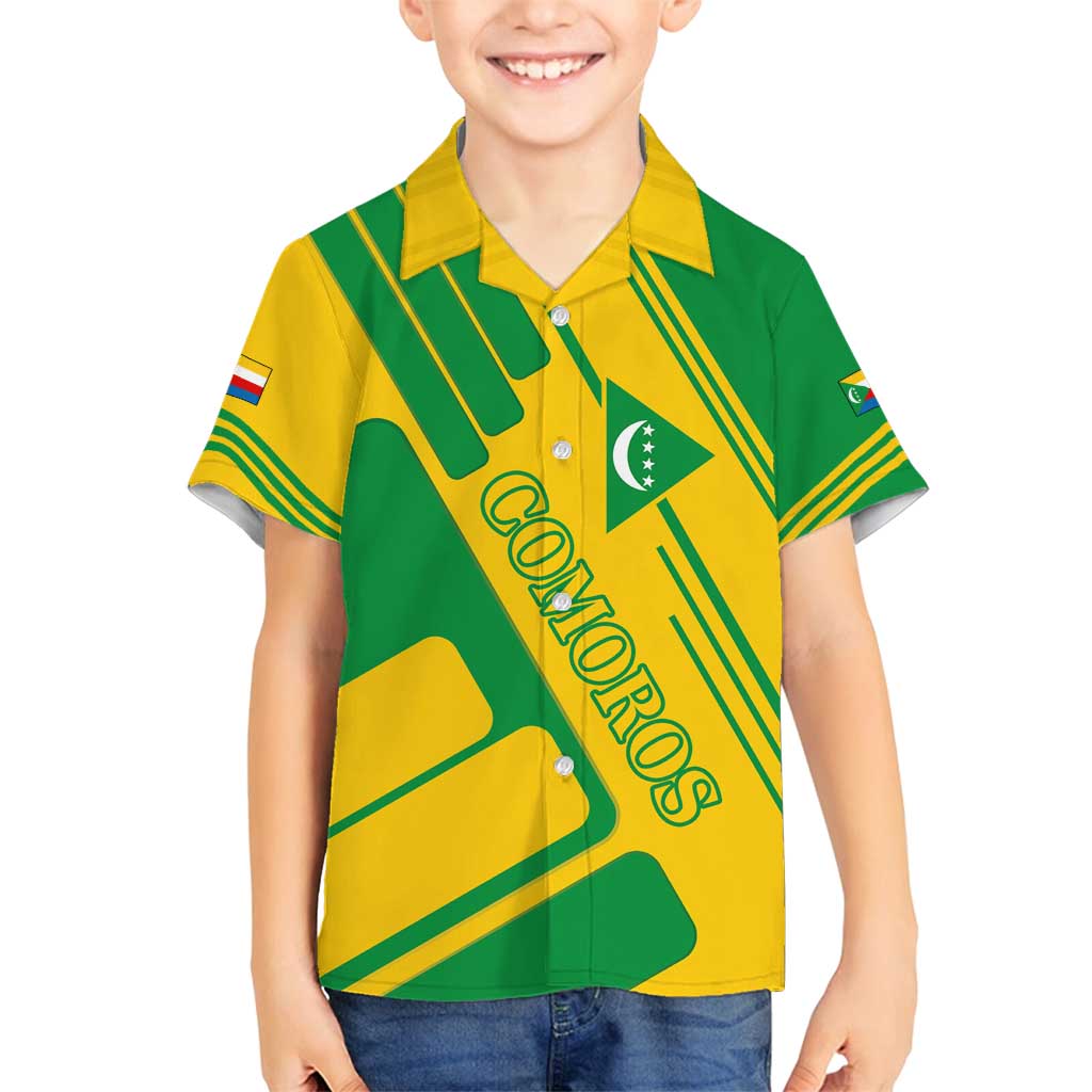 Comoros Flag Family Matching Summer Maxi Dress and Hawaiian Shirt with Green and Yellow Design and National Emblem