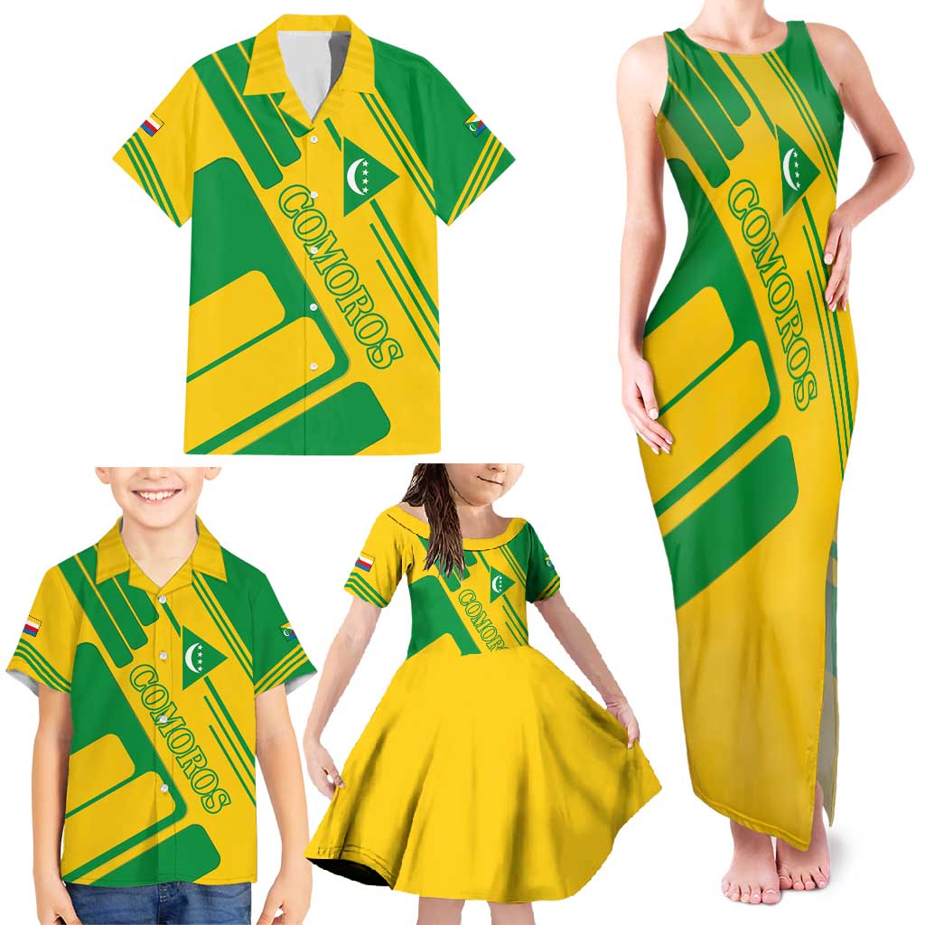 Comoros Flag Family Matching Tank Maxi Dress and Hawaiian Shirt with Green and Yellow Design and National Emblem