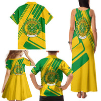 Comoros Flag Family Matching Tank Maxi Dress and Hawaiian Shirt with Green and Yellow Design and National Emblem