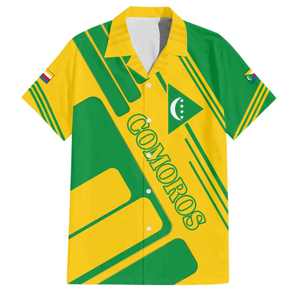 Comoros Flag Family Matching Tank Maxi Dress and Hawaiian Shirt with Green and Yellow Design and National Emblem
