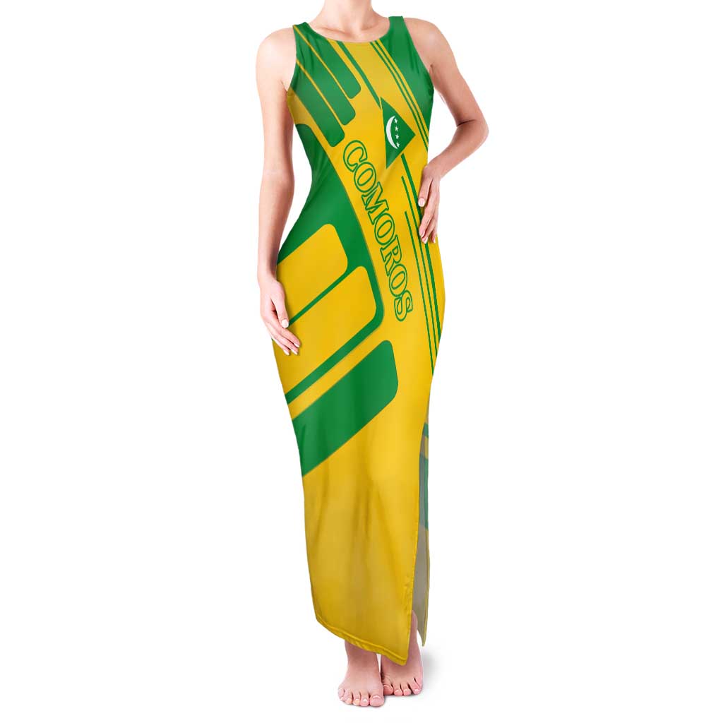 Comoros Flag Family Matching Tank Maxi Dress and Hawaiian Shirt with Green and Yellow Design and National Emblem