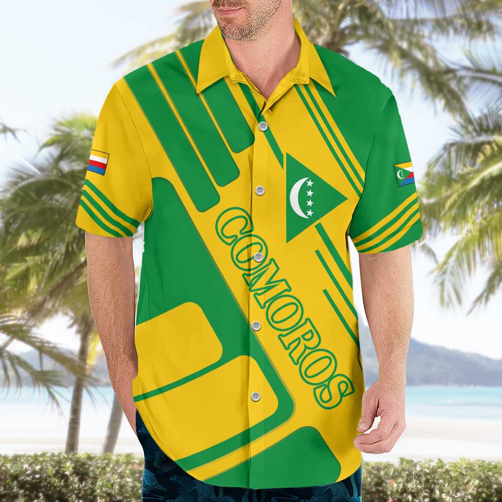 Comoros Flag Hawaiian Shirt with Green and Yellow Design and National Emblem