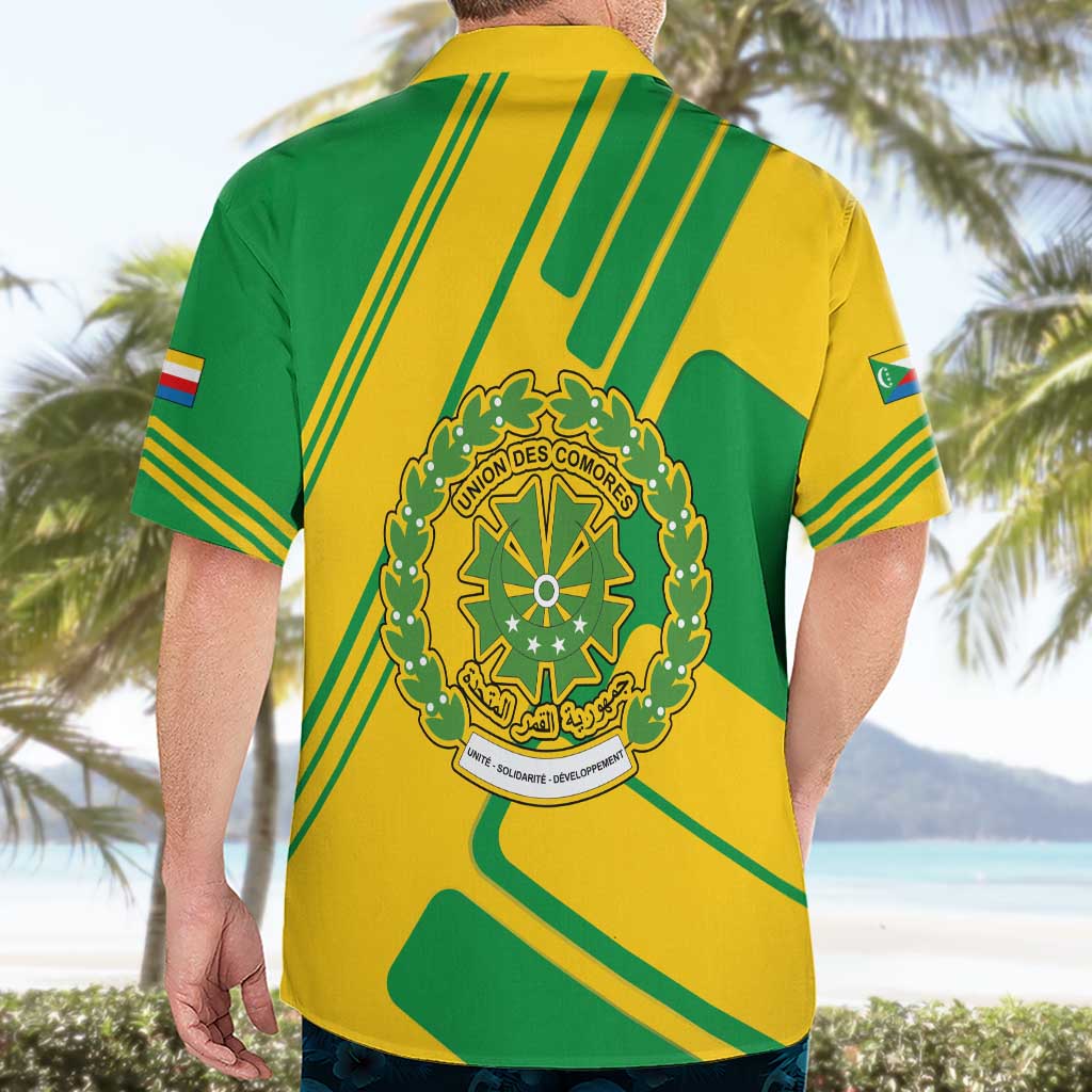 Comoros Flag Hawaiian Shirt with Green and Yellow Design and National Emblem