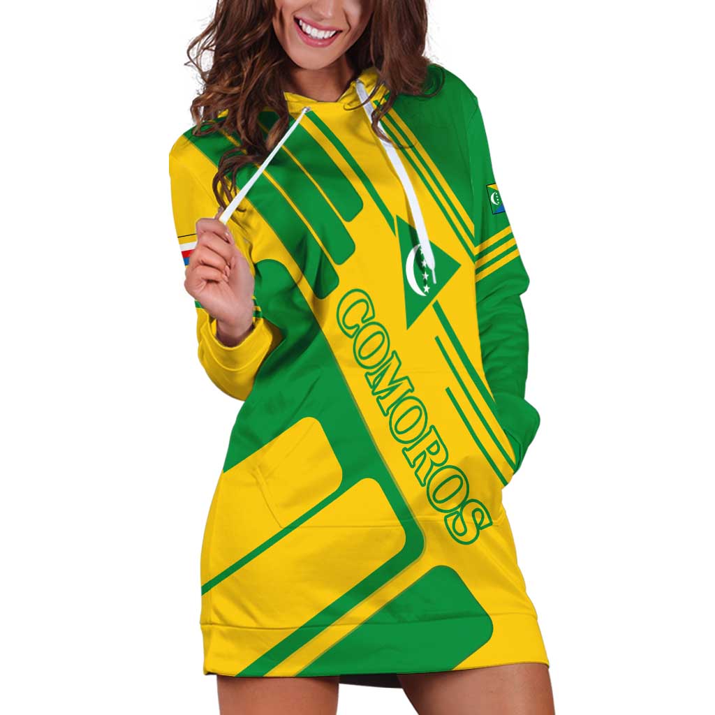 Comoros Flag Hoodie Dress with Green and Yellow Design and National Emblem