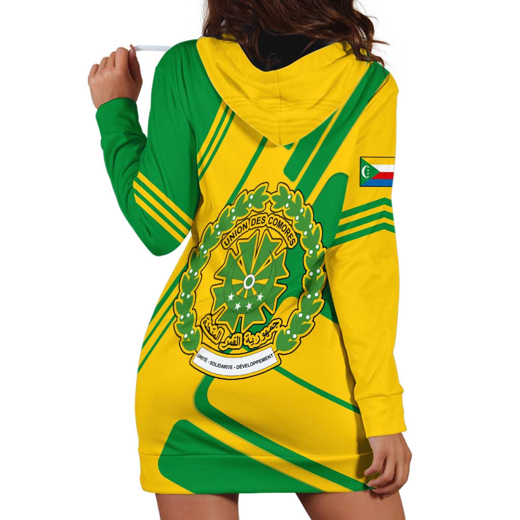Comoros Flag Hoodie Dress with Green and Yellow Design and National Emblem
